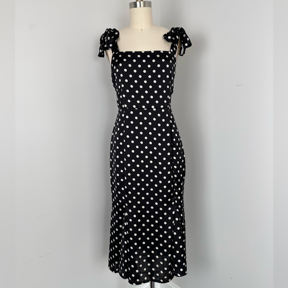 Aryah Polka Dot Retro Bow Detail Shoulder Square Neck MIDI Dress Size Me… - Picture 2 of 15